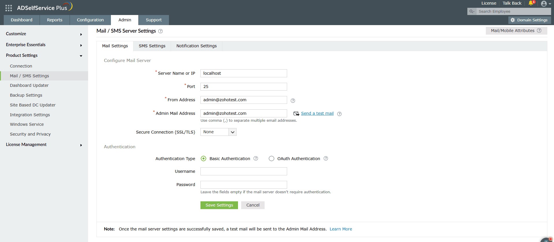 Mail server settings