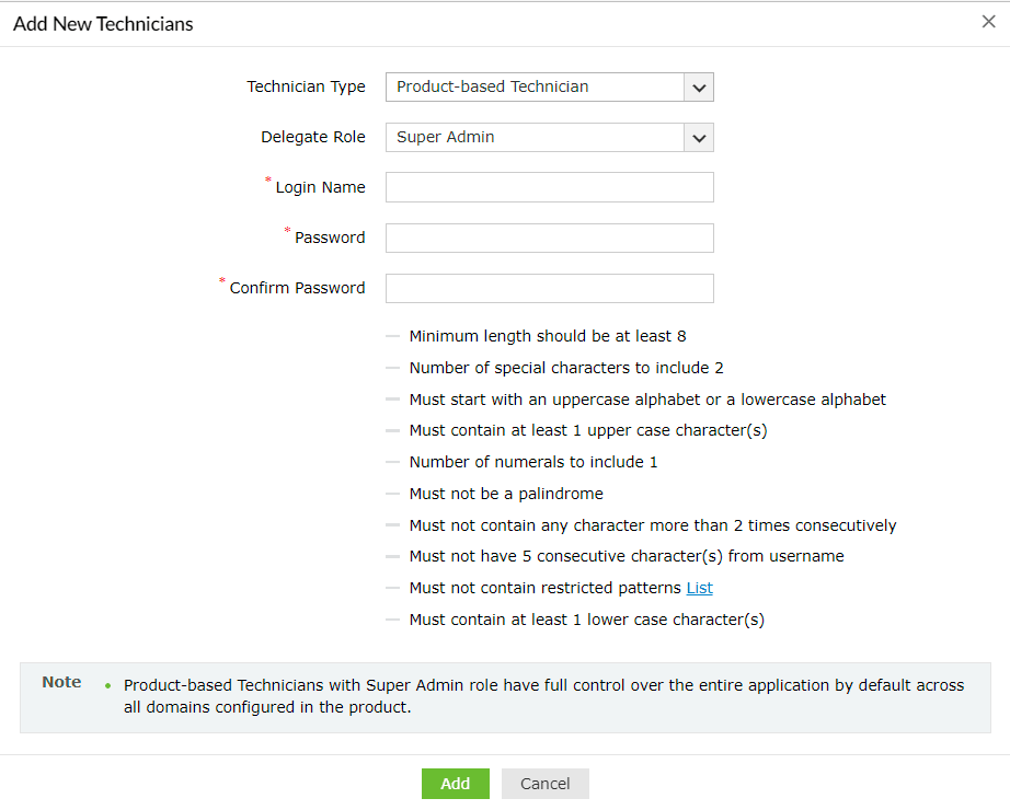 Adding new product technicians in ADSelfService Plus