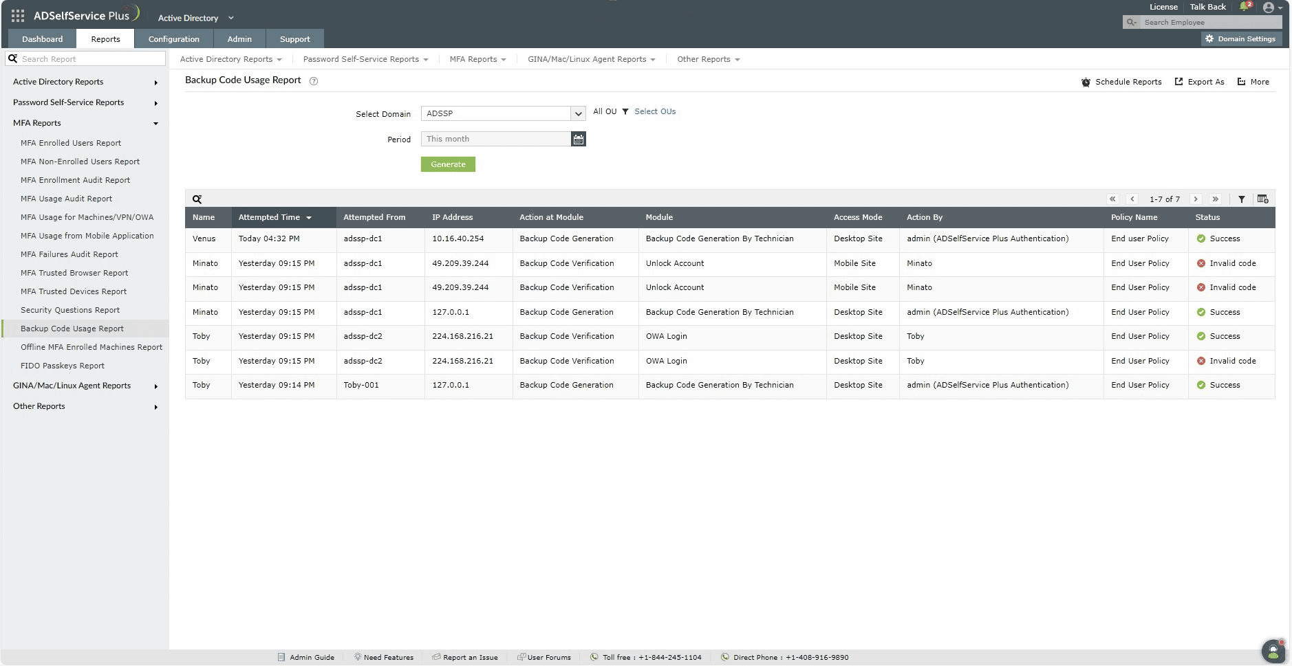Backup Code Usage Report