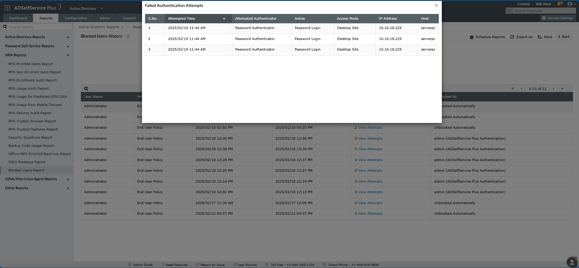 Blocked users history report in ADSelfService Plus