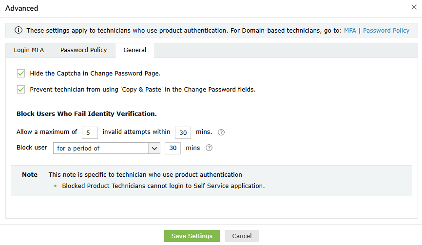 General technician settings in ADSelfService Plus