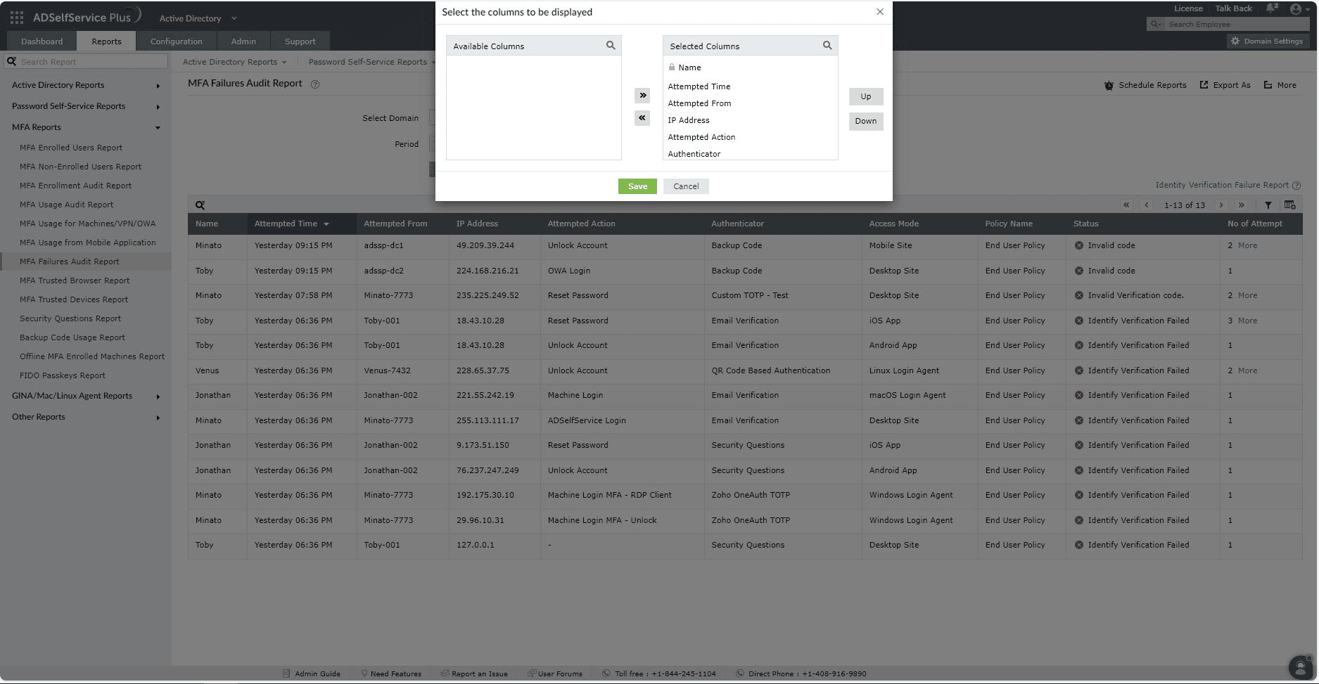MFA failures audit report in ADSelfService Plus