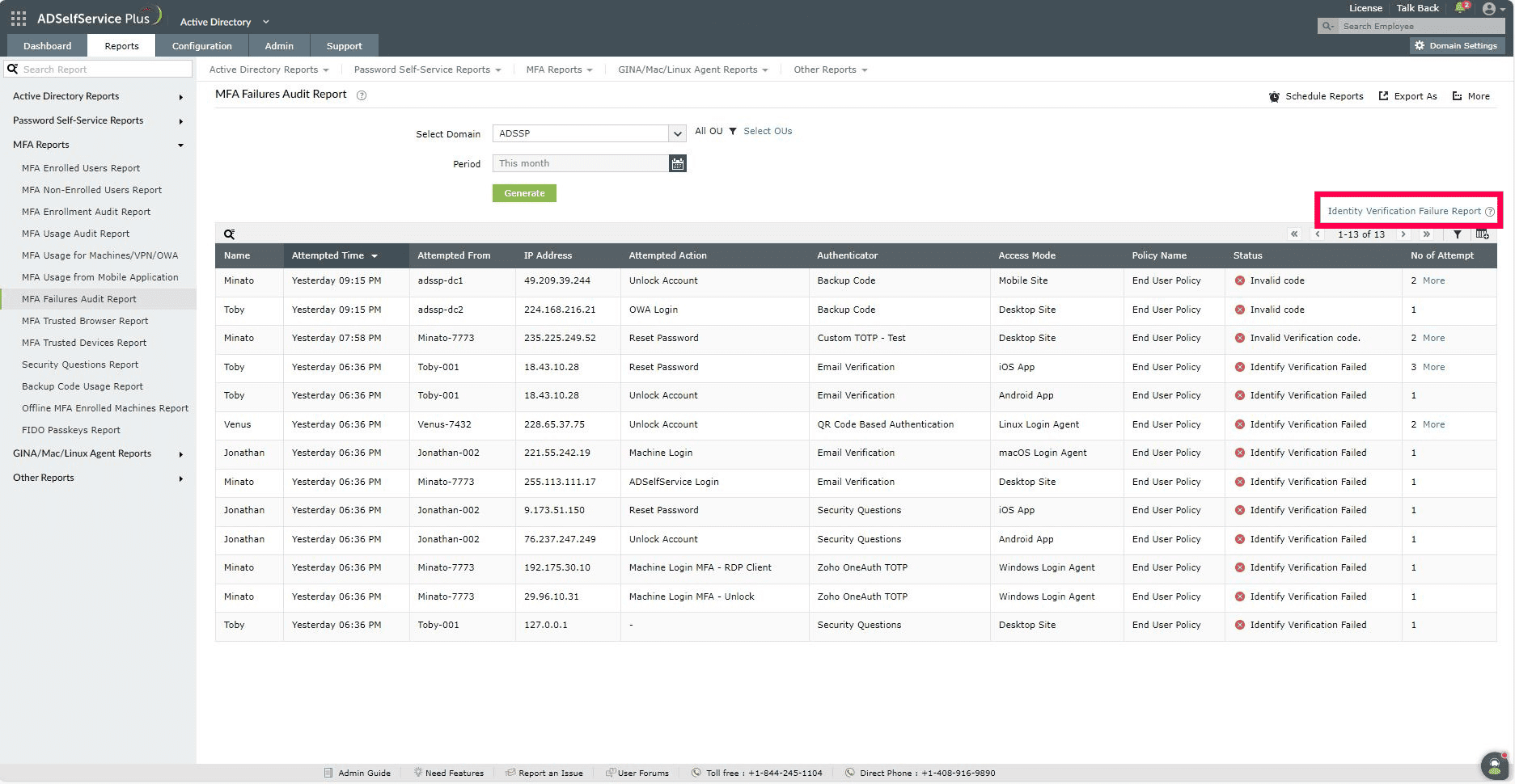Filtering the MFA failures audit report in ADSelfService Plus