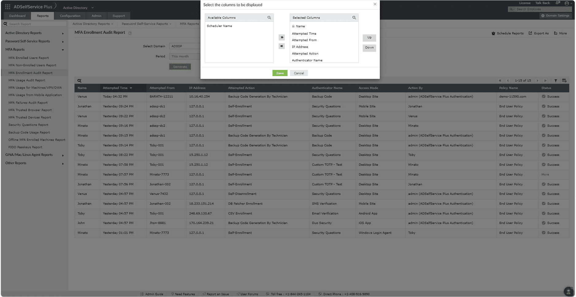 MFA enrollment audit report in ADSelfService Plus