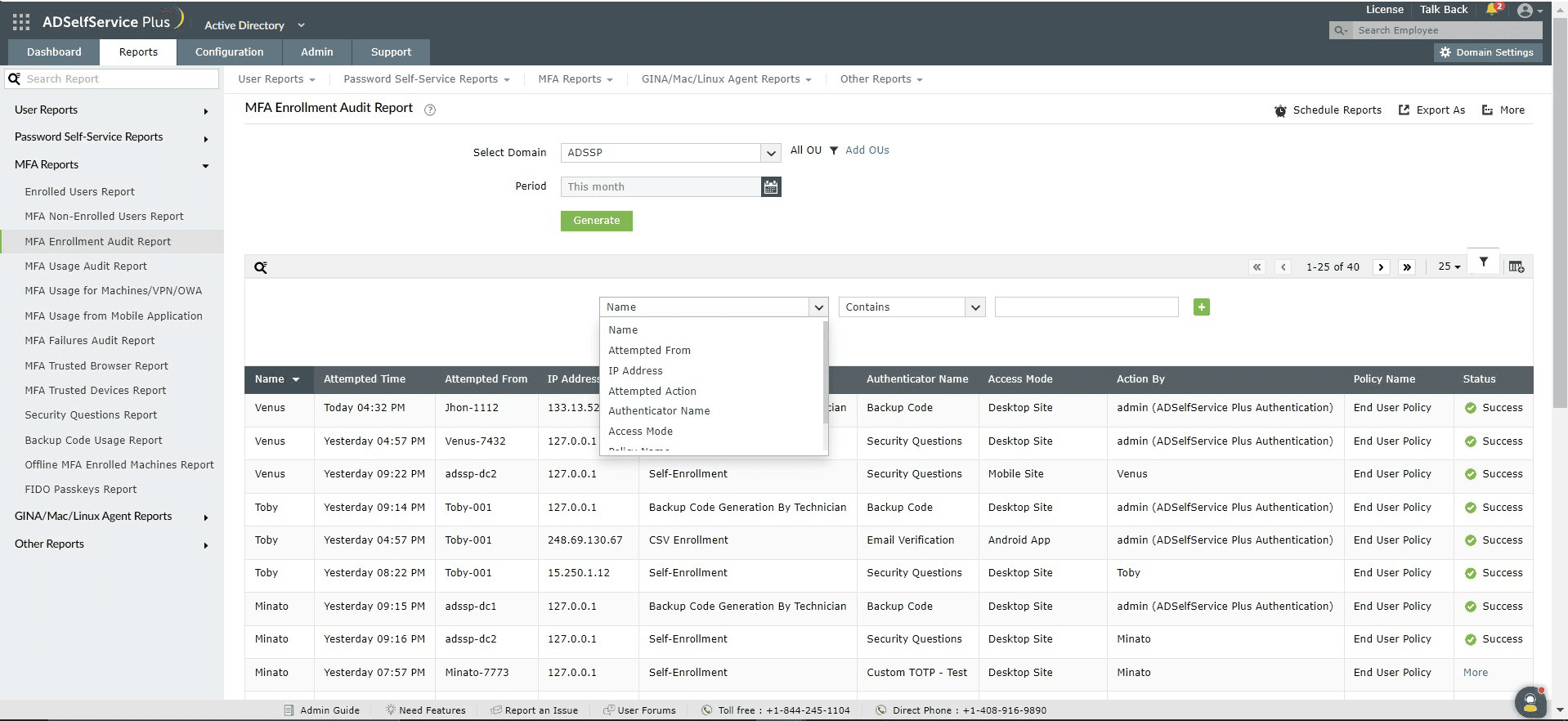 Customizing the MFA enrollment audit report in ADSelfService Plus