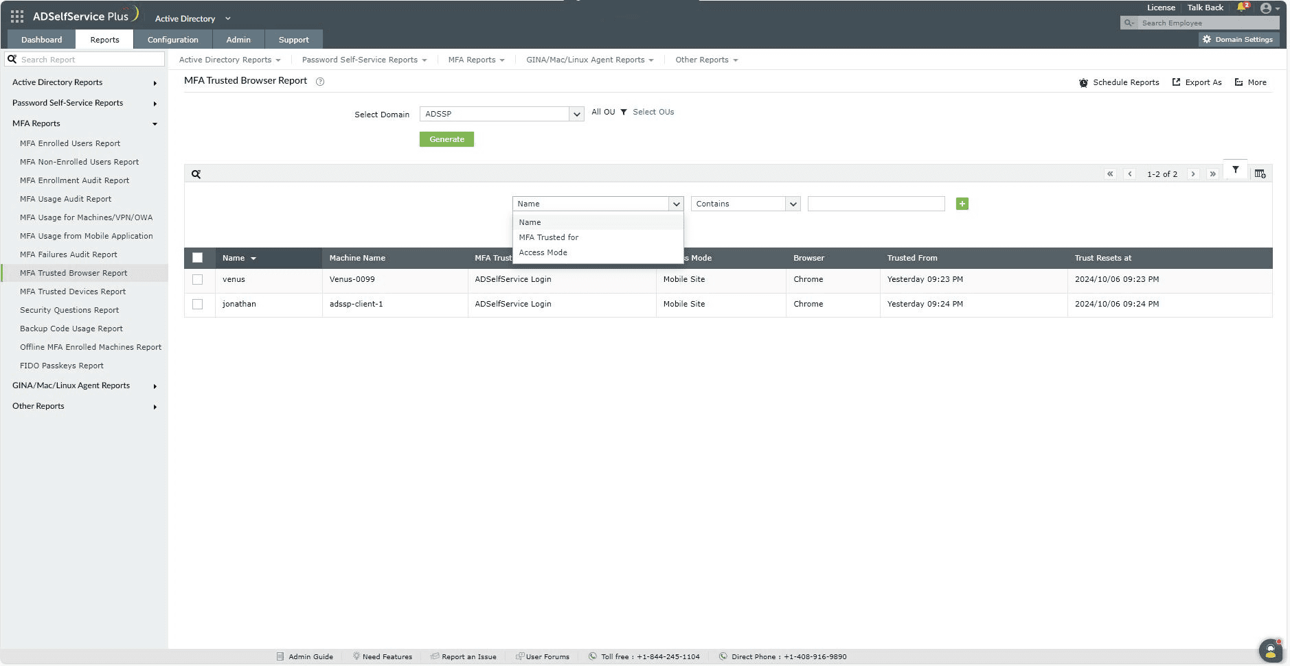 Customizing the MFA Trusted browsers report in ADSelfService Plus
