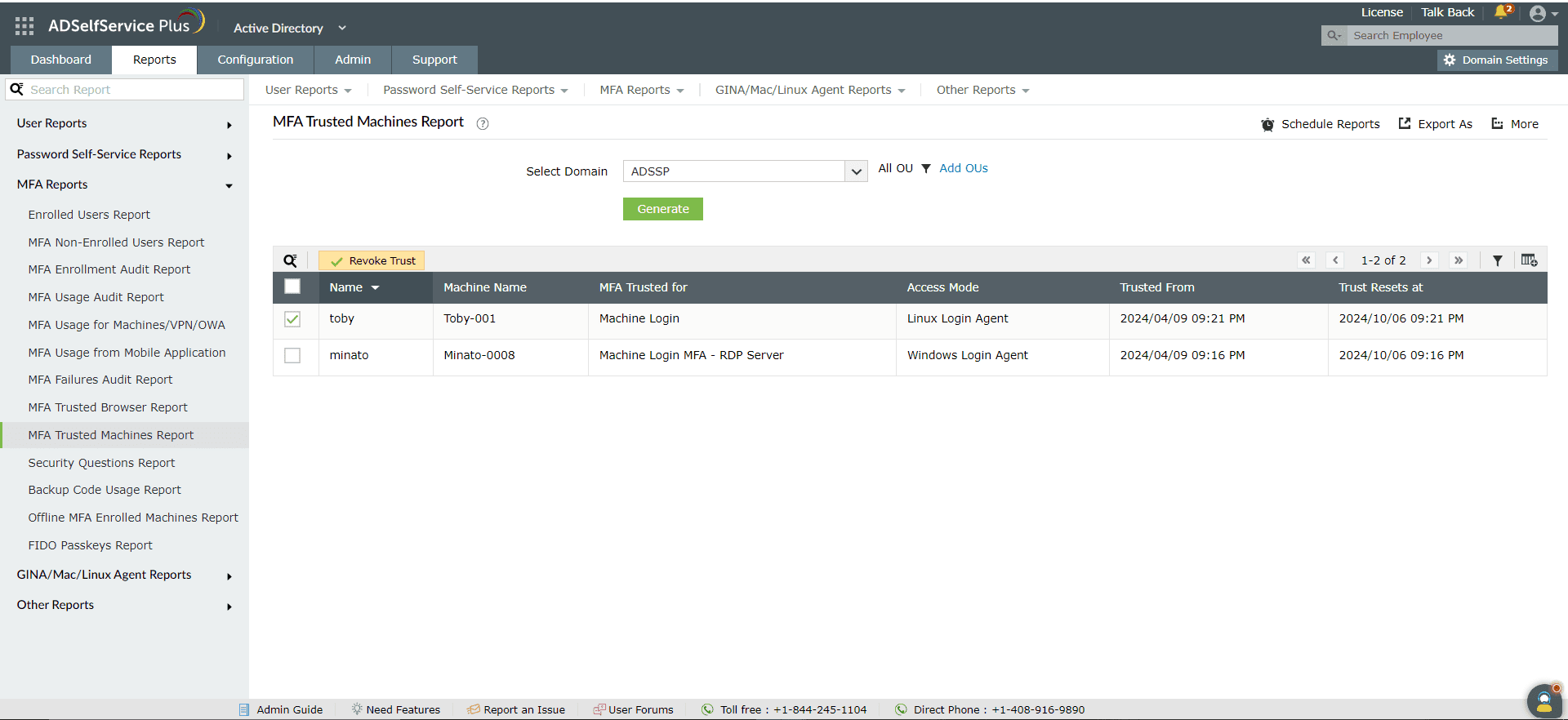 MFA trusted machines report in ADSelfService Plus