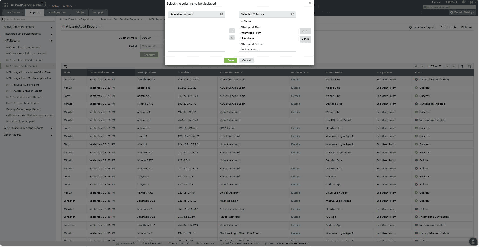 MFA usage audit report in ADSelfService Plus