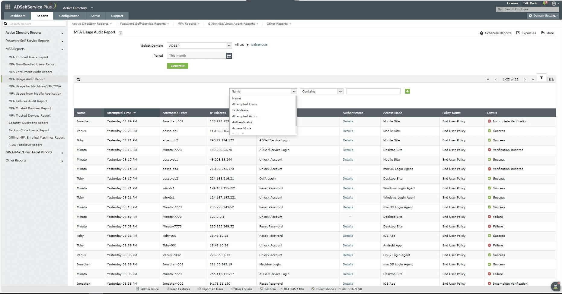 Customizing MFA usage audit report in ADSelfService Plus