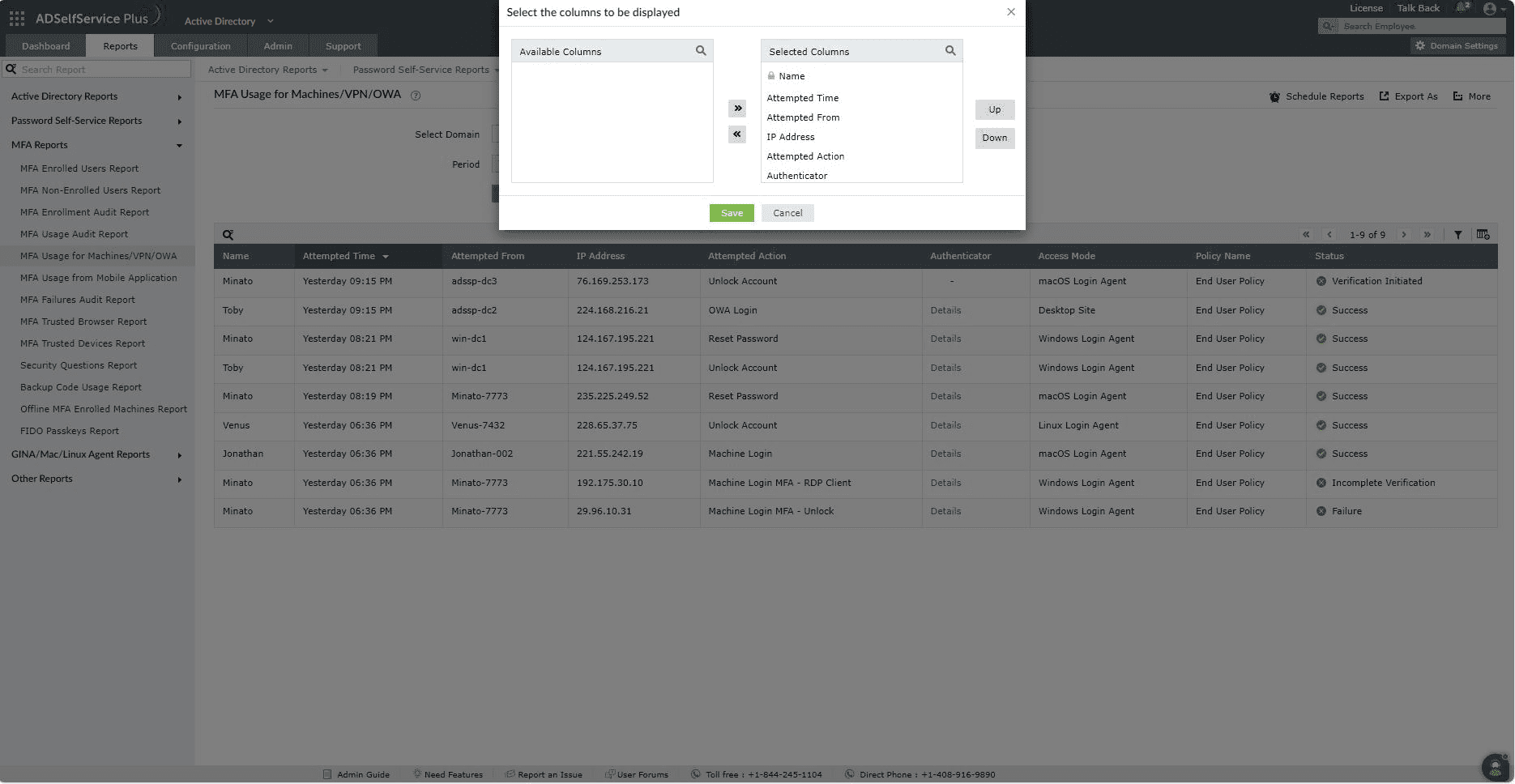 MFA Usage for Machines/VPN/OWA report in ADSelfService Plus