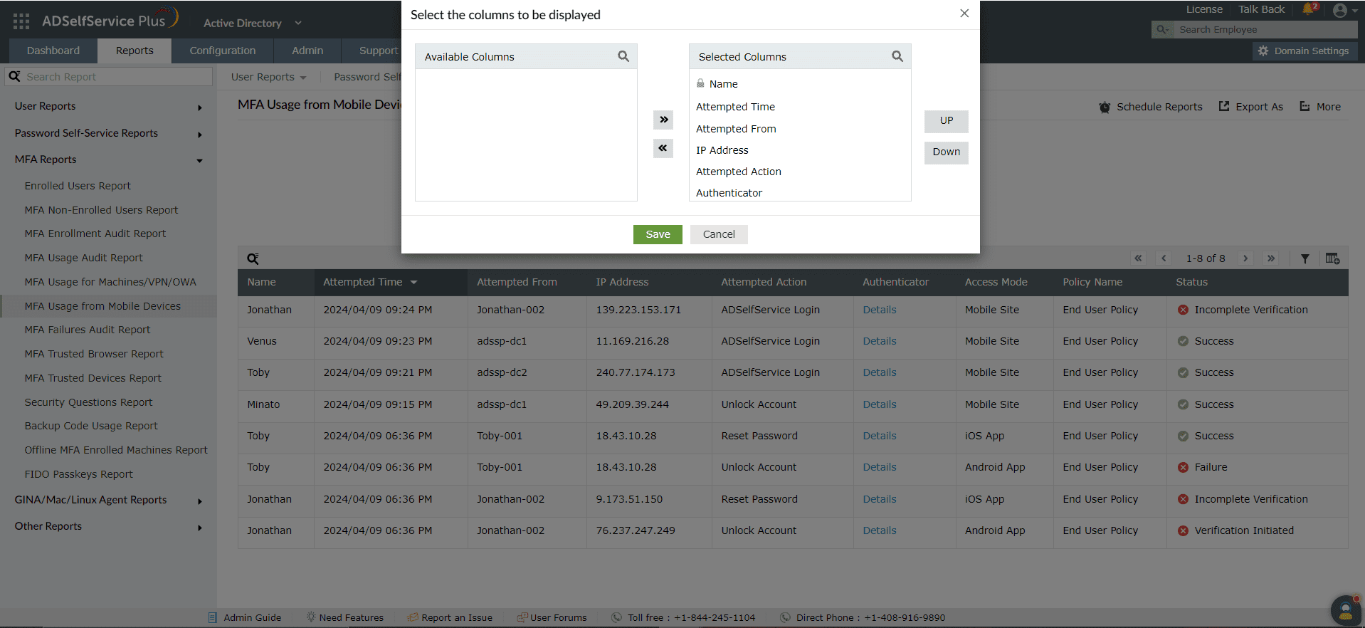 MFA Usage from mobile devices report in ADSelfService Plus