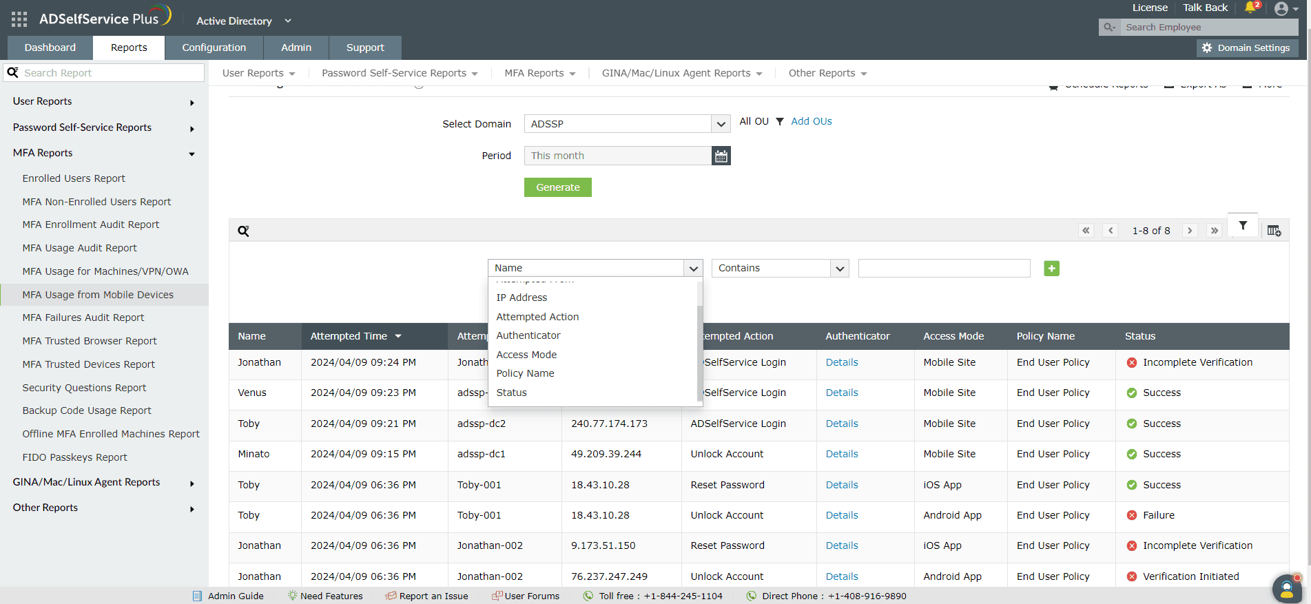 Customizing the MFA Usage from mobile devices report in ADSelfService Plus