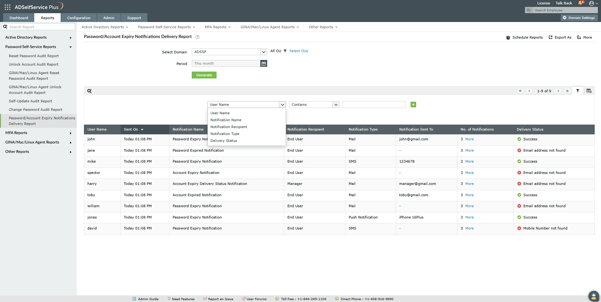 Filtering the Password/Account Expiry Notifications Delivery Report in ADSelfService Plus