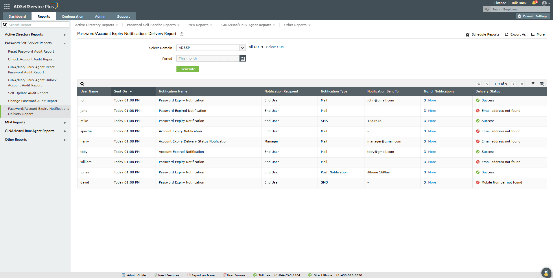 Password/Account Expiry Notifications Delivery Report in ADSelfService Plus