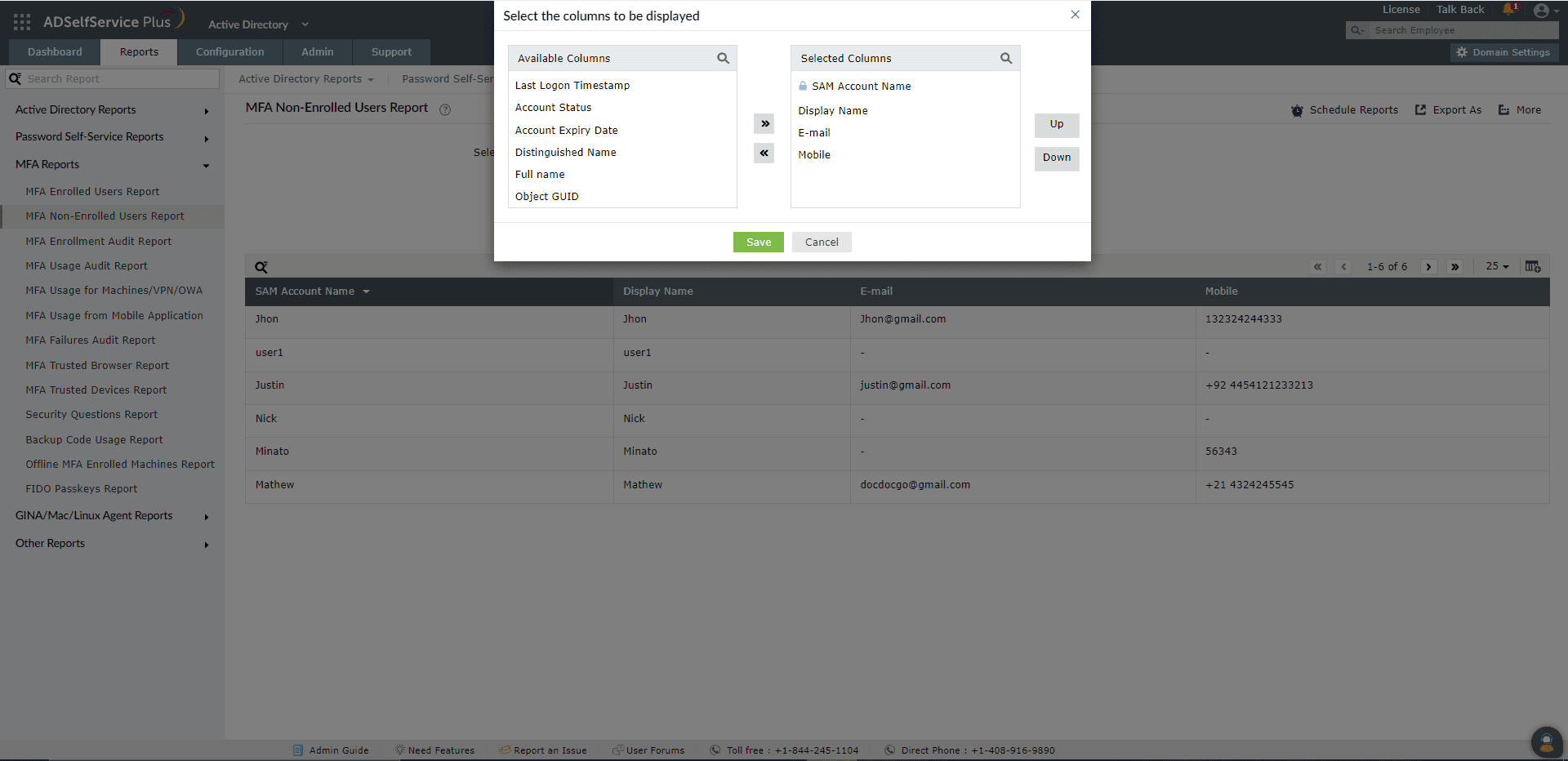 MFA non-enrolled users report in ADSelfService Plus