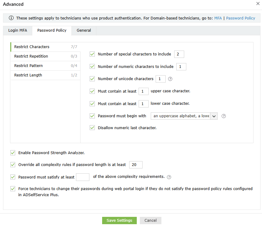 Password policy to restrict characters in ADSelfService Plus