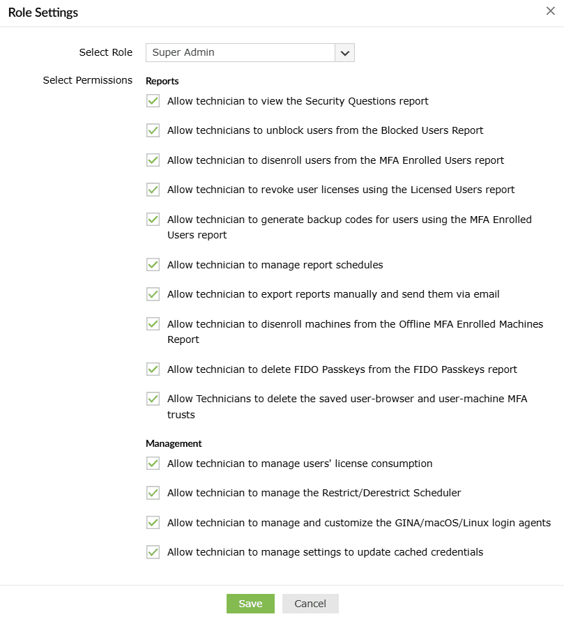 Role settings in ADSelfService Plus