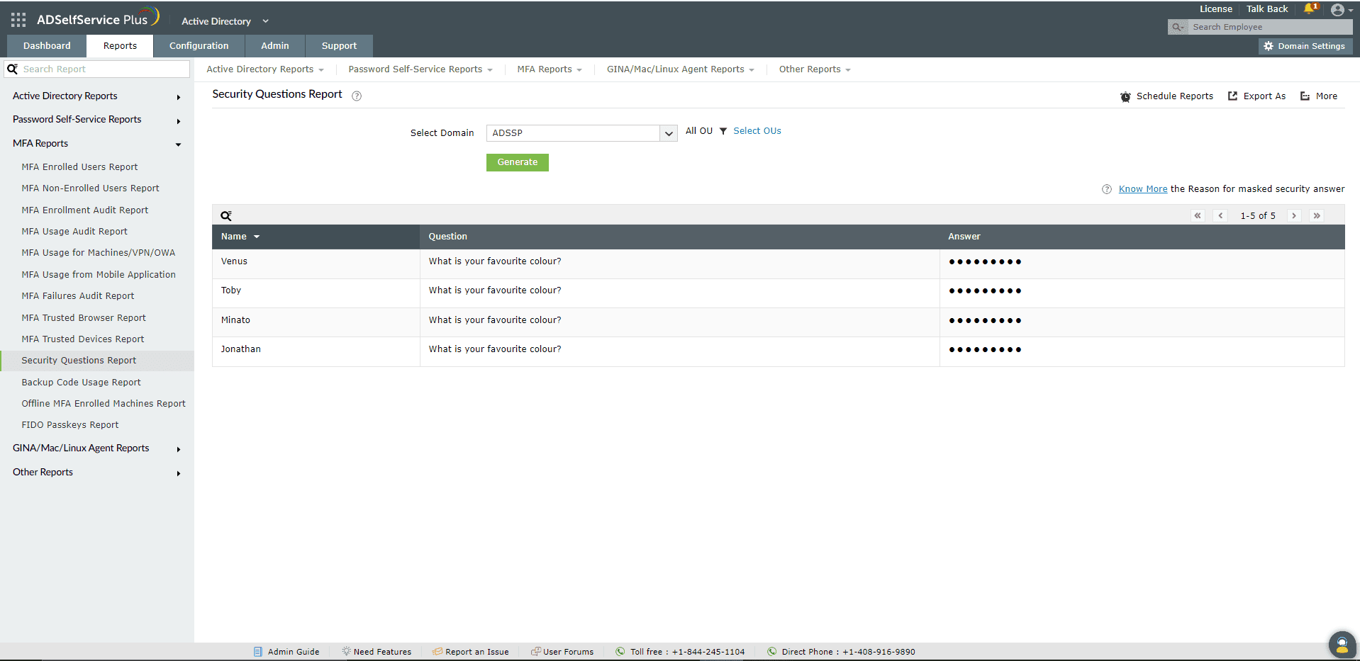 Security Questions Report