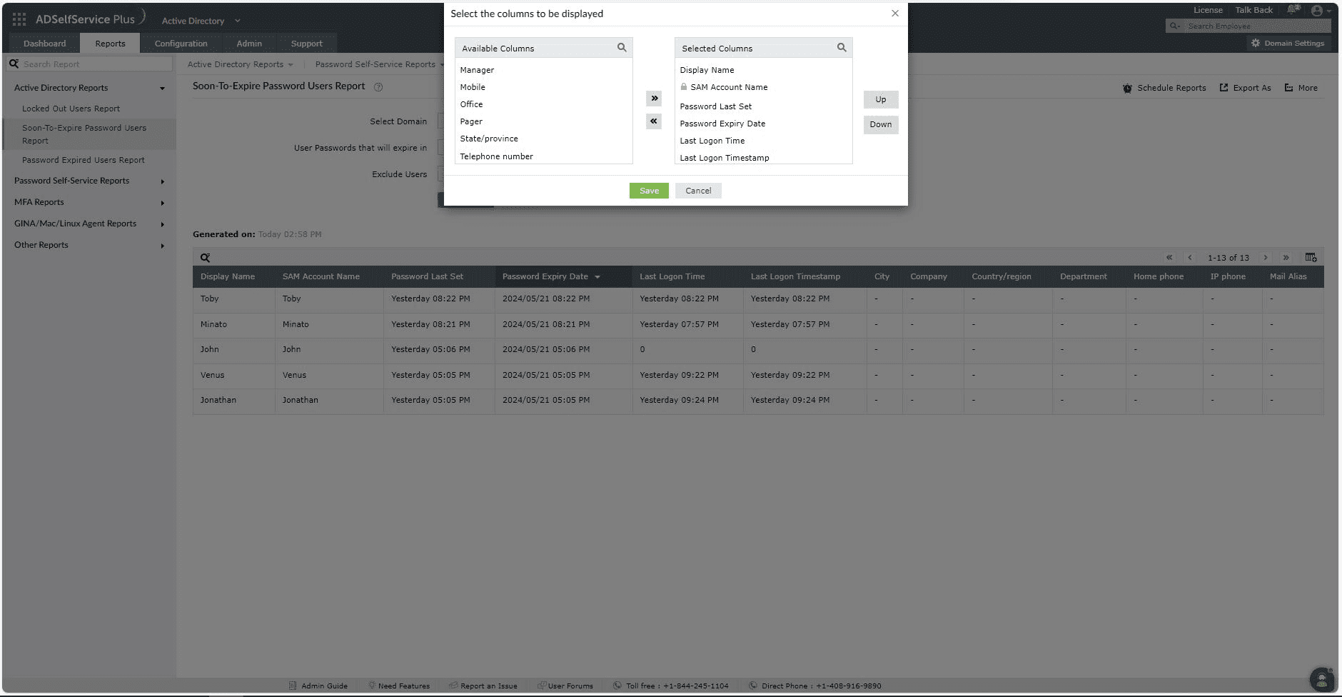 Soon to expire users report in ADSelfService Plus