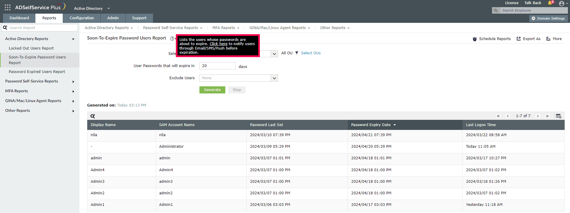 Customizing the soon-to-expire users report in ADSelfService Plus